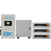 Sol-Ark 8K hybrid inverter system with three Pytes V5 5.12kWh LFP batteries and a Pytes V-Box-IC cabinet for efficient off-grid energy storage